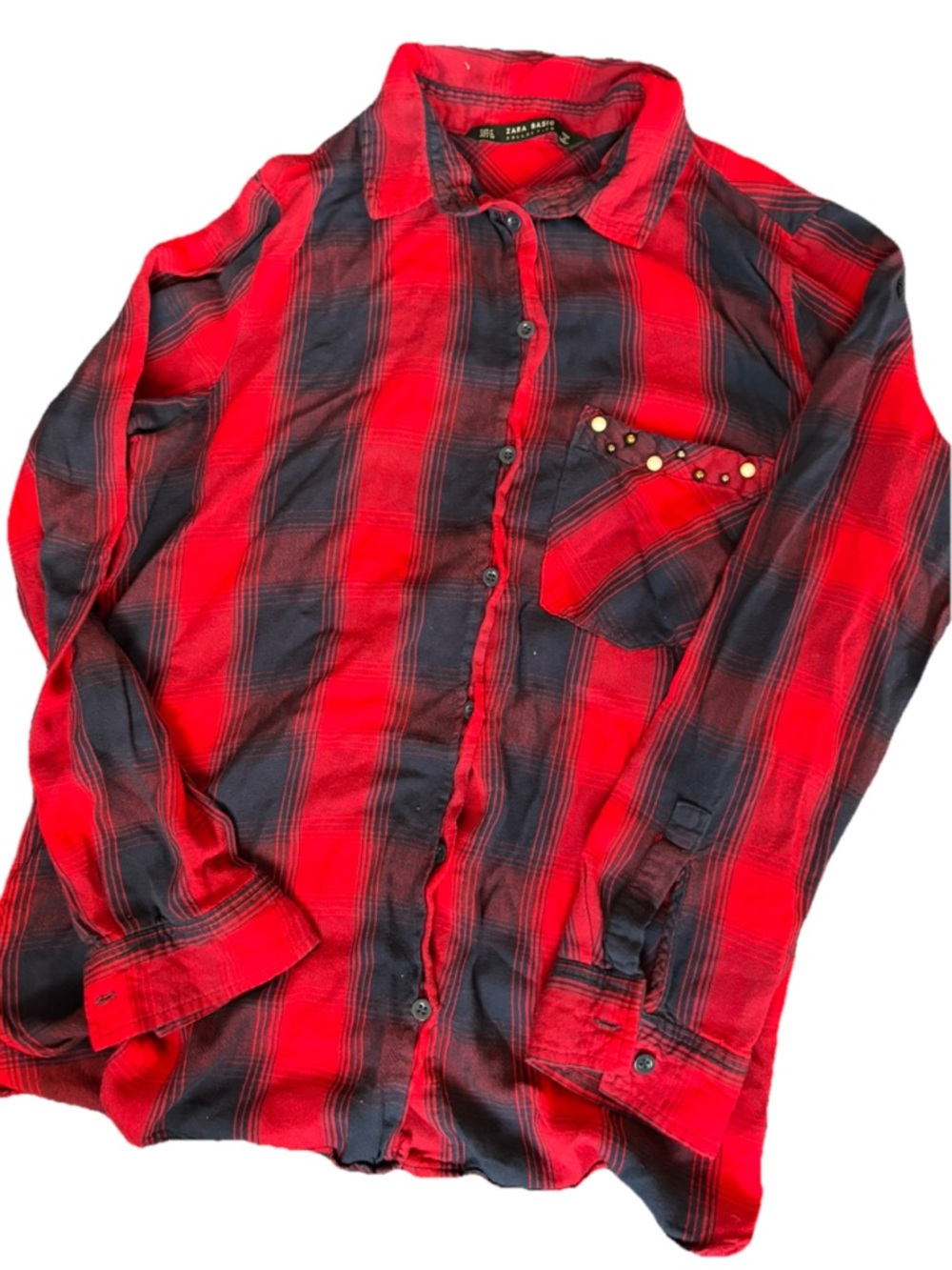 Red & Navy Blue  Plaid Button-Up Shirt with Studded Pocket